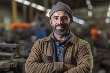 Obraz premium Portrait of construction worker in uniform is in the factory. Generative AI