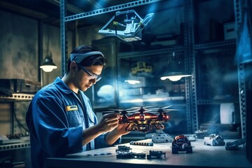 Engineer testing a military-grade drone in laborator Generative AI