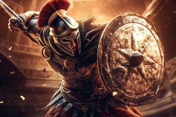 Ancient warrior or Gladiator posing outdoors with helmet Generative AI - obrazy, fototapety, plakaty
