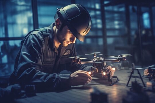 Engineer testing a military-grade drone in laborator Generative AI