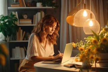 Portrait of a Happy Successful Businesswoman Using Laptop Computer in Creative Agency in the Evening. Black Female Smiling while Browsing Internet, Checking Funny Memes on Generative AI