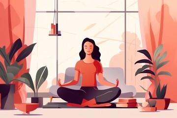 Obraz na płótnie Canvas Attractive young woman doing yoga stretching yoga online at home. Self-isolation is beneficial, entertainment and education on the Internet. Healthy lifestyle concept. Generative AI