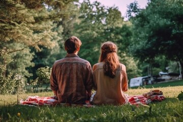 Lovely couple having picnic on plaid in summer park, back view Generative AI