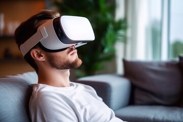 Young man using virtual reality headset at home 