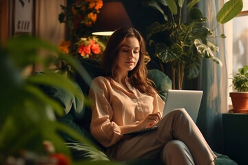 Fototapeta premium Beautiful Middle Eastern Manager Sitting at a Desk in Creative Office. Young Stylish Female with Curly Hair Using Laptop Computer in Marketing Agency. Colleagues Generative AI
