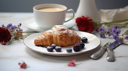 cup of coffee with croissants and berries