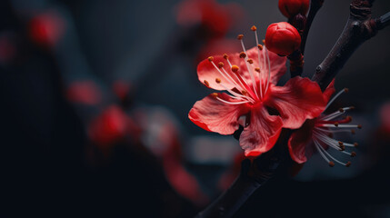 Close up photography of red blossom from the darkness above