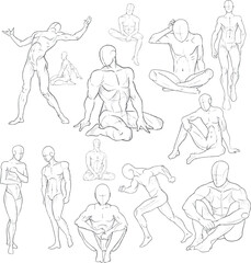 Set of sports male figures in motion and in different poses for business cards, books, booklets, illustrations, postcards, invitations
