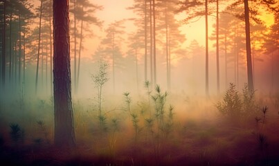  a forest filled with lots of tall trees and grass covered in fog at sunset or sunrise or sunset in the distance is a foggy sky.  generative ai