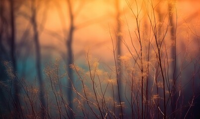  a blurry photo of a field with tall grass in the foreground and trees in the background with the sun shining through the trees.  generative ai