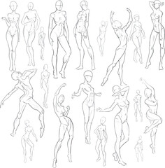 Set of female figures in motion and in different poses for business cards, books, booklets, illustrations, postcards, invitations