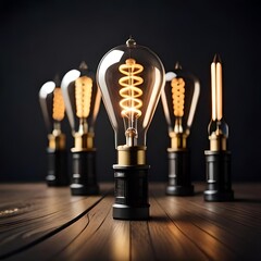 Decorative antique Edison style light bulbs, different shapes of retro lamps on dark background. Interior design decoration details. Set of vintage glowing light bulbs, Generative AI