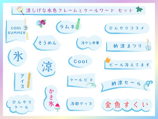 涼し気な水色フレームとクールワードセット　手書きのベクターイラストの素材