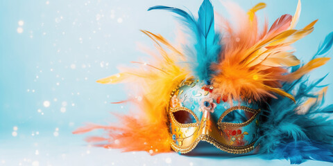 Fototapeta premium Carnival Party. Venetian mask banner with defocused bokeh lights. AI generative