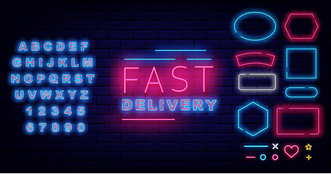 Fast delivery neon signboard. Glowing advertising. Geometric frames collection. Vector stock illustration