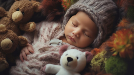 newborn baby in a knitted suit and a hat with ears, a baby sleeping in a soft location with toys in the form of a little bear cub. Created in AI.