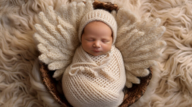 Portrait of a cute newborn bright baby with angel wings, the baby sleeps in the crib of the photo zone. Created in AI.