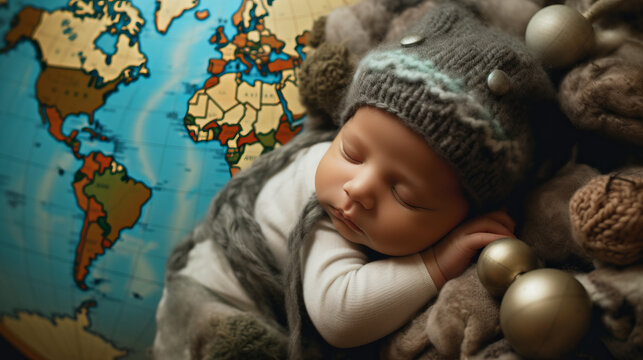 Portrait of a cute newborn baby in a knitted hat on the background of the globe, globe. the child sleeps on a blanket in the photo zone. Created in AI.
