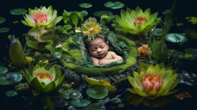 Professional photo session of a newborn baby in a crown of lily flowers, a baby sleeping in a swamp location in the form of a little princess or fairy. Created in AI.
