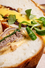 Tasty burger with cheese sauce