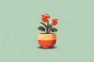 Illustration of a potted plant with bright red flowers on a green backdrop - created with Generative AI technology