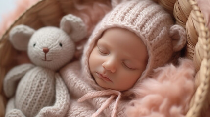 A newborn baby sleeps in a beautiful knitted outfit with soft toys in a tender bed. Created in AI.