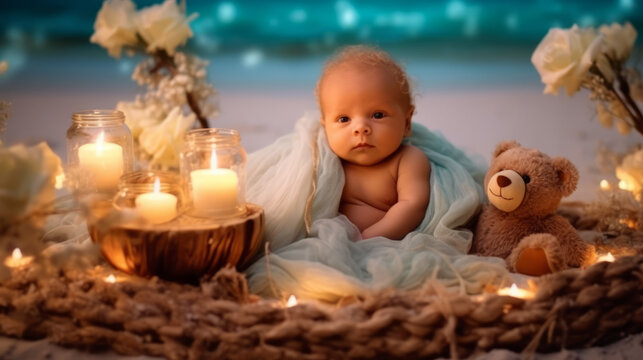 A newborn baby is looking at us, the child is sitting in a photo area on a sandy seashore with flashlights. Created in AI.