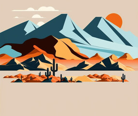 desert landscape with mountains and cacti, colorful illustration 