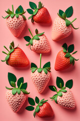 red and pink strawberries on a pink background 