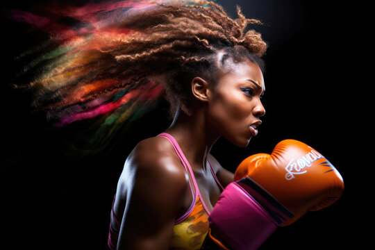 farbige Boxerin mit bunten Haaren und Boxhandschuhen, colored female boxer with colorful hair and boxing gloves