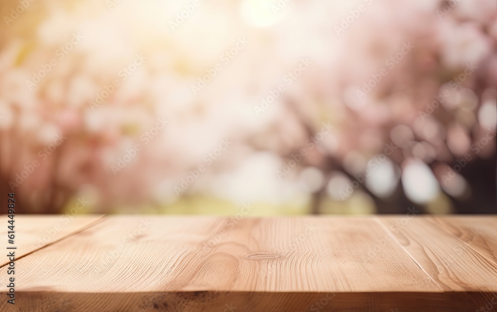 Wall mural empty wooden table for placing products with sakura tree background and blurred copy space
