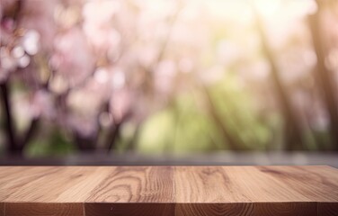 Empty Wooden Table for Placing Products with Sakura Tree Background and Blurred Copy Space