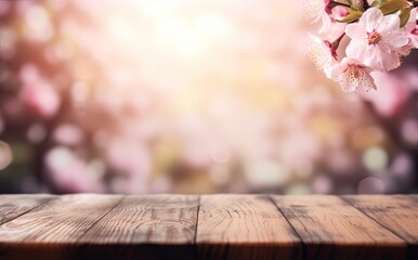 Empty Wooden Table for Placing Products with Sakura Tree Background and Blurred Copy Space