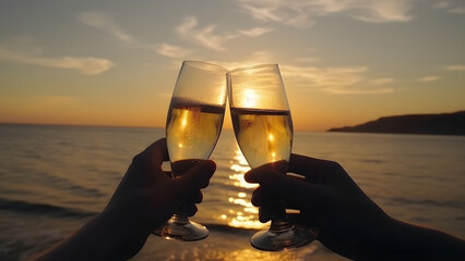 Hands holding champagne glasses over the sea. Romantic vacation, neural network generated image