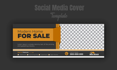 Fototapeta premium Social media cover design template for real estate company web advertising with geometric orange shapes and black background, banner, timeline post, modern house for sale web banner