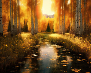 Autumn serenity: forest river among yellowed trees. Created using generative AI tools