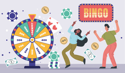 Lottery luck lucky win wheel spin game jackpot roulette concept. Vector graphic design illustration - obrazy, fototapety, plakaty