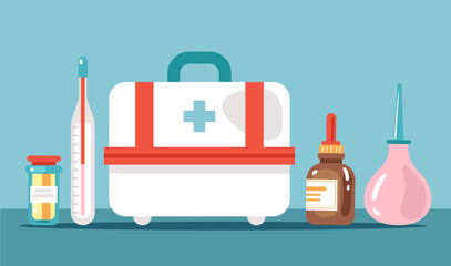 Medical supply syringe bottle hospital isolated set. Vector design graphic illustration