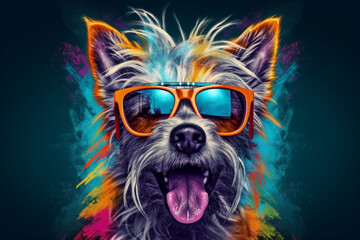 Fototapeta premium A funny dog wearing sunglasses, exuding a playful and lighthearted vibe with its colorful and amusing appearance. Ai generated