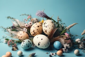 Fototapeta na wymiar Easter composition with spring flowers and colorful quail eggs over blue background. Springtime and Easter holiday concept with copy space.,Generative AI.