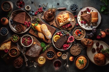 Obraz na płótnie Canvas Flat lay of delicious dinner table with roasted meat steak, appetizers and desserts. Top view. Healthy food concept.,Generative AI