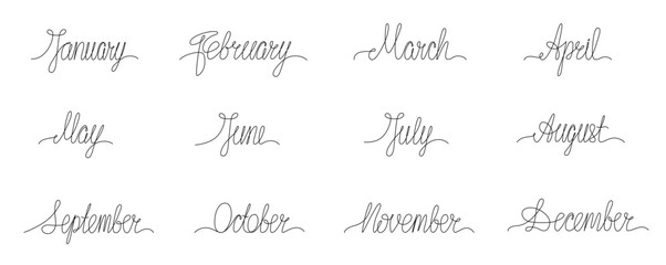 Month name continues single line set. Vector handwritten signs pack isolated on white background for print calendar, planner, diary. Editable stroke. - Powered by Adobe