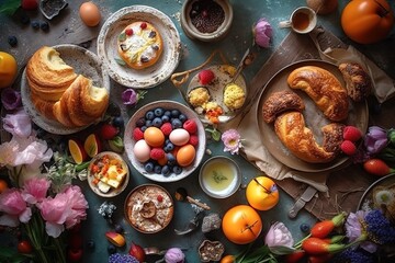 Fototapeta na wymiar Easter breakfast flat lay with scrambled eggs bagels, orange tulips, bread toast with fried egg and green asparagus, colored quail eggs and spring holidays decorations. Top view.,Generative AI