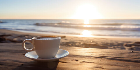 White coffee cup on a wooden table on beachside, on sunset. AI generative. - obrazy, fototapety, plakaty