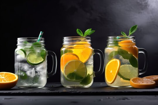 Summer healthy lemonade, cocktails of citrus infused water, with lime lemon orange, ice and mint, diet detox beverages, in glasses on gray background. Banner.,Generative AI .