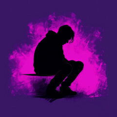Feelings of depression and sadness, silhouette on pink and purple background, generative AI
