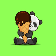 Vector illustration of a cute Panda hugging a chocolate ice cream.