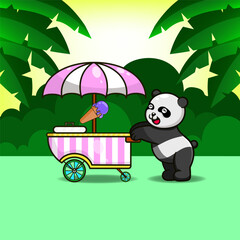 cute panda pushing an ice cream cart with nature background