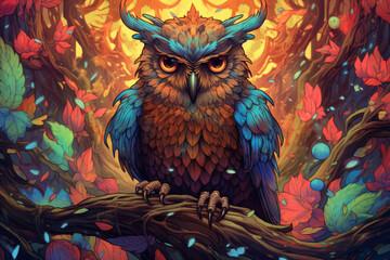 Obraz premium A vector illustration of an owl in the forest, adorned with vibrant and captivating colors. Ai generated