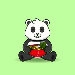 Fat panda eating noodles. Cute panda mascot. Mascot illustration.